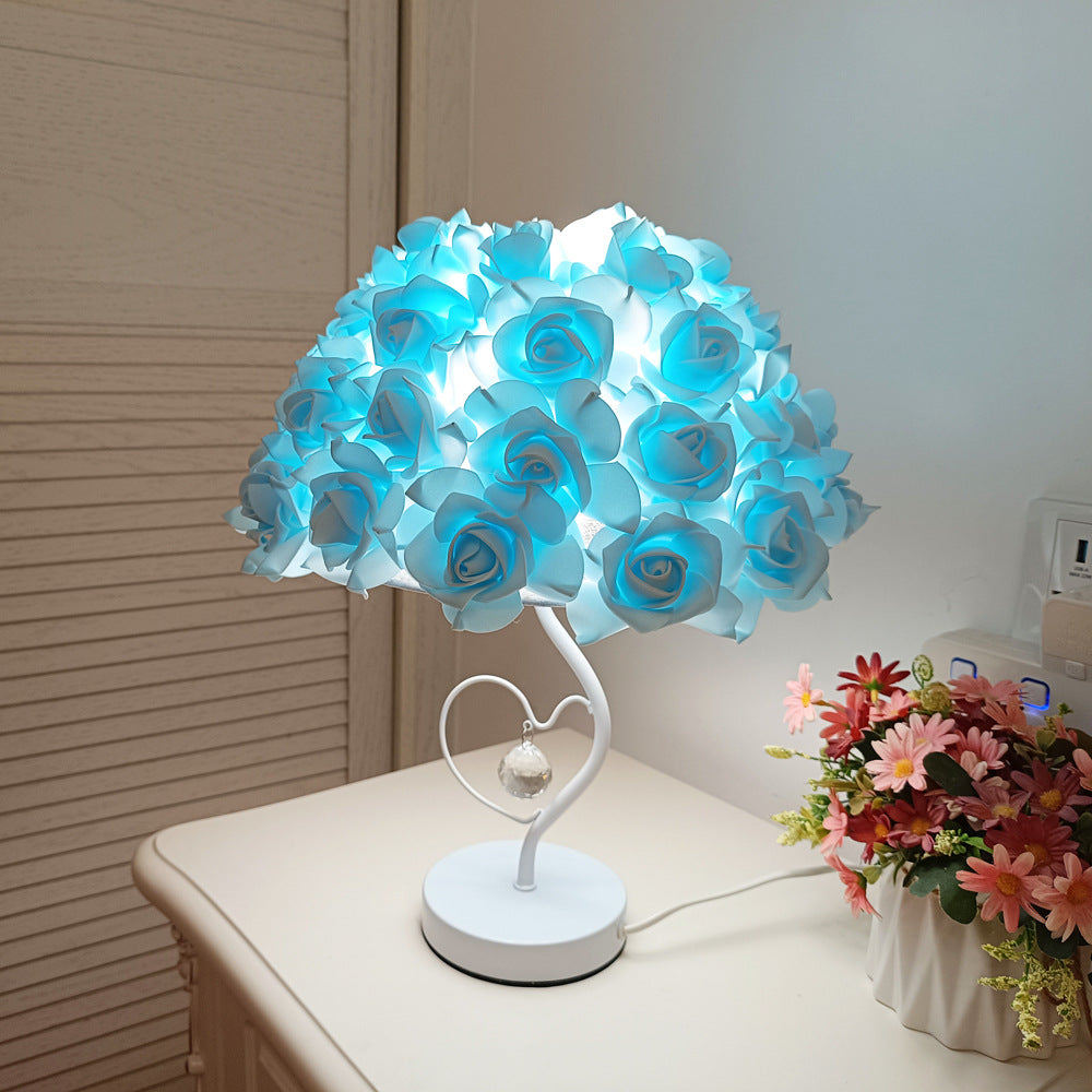 Romantic Rose Flower Heart-Shaped Table Lamp – Elegant Crystal Bedside Light for Wedding & Anniversary Gift