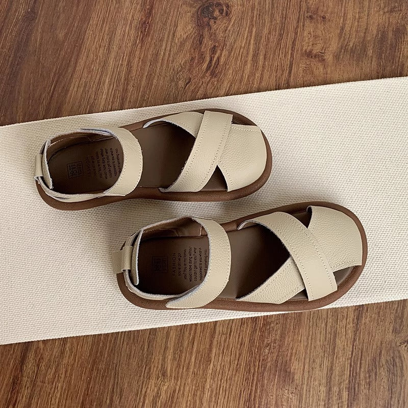 Elegant Off-White Semi-Closed Toe Sandals - Comfortable Flat Summer Shoes for Women