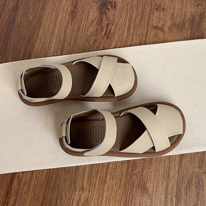 Elegant Off-White Semi-Closed Toe Sandals - Comfortable Flat Summer Shoes for Women