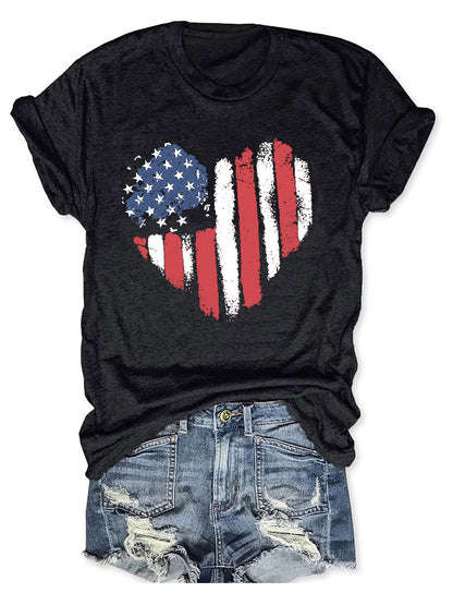 American Flag Heart Graphic T-Shirt | Patriotic Round Neck Short Sleeve Top