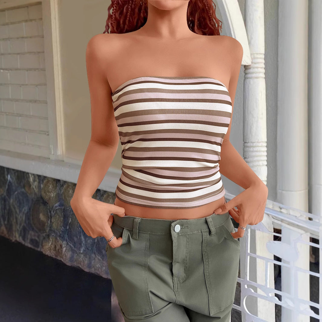 Hooded Striped Strapless Slim Fit Vest | Knit Bandage Crop Tube Top for Women