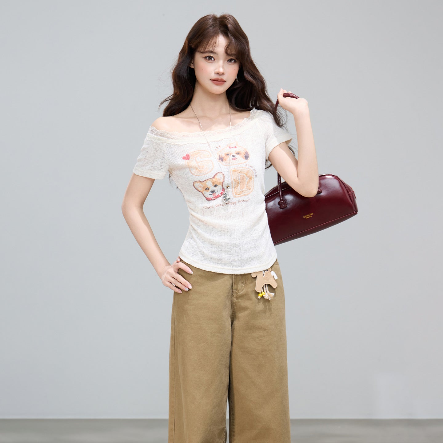 Women's Cute Graphic Print Off-Shoulder Short Sleeve T-Shirt