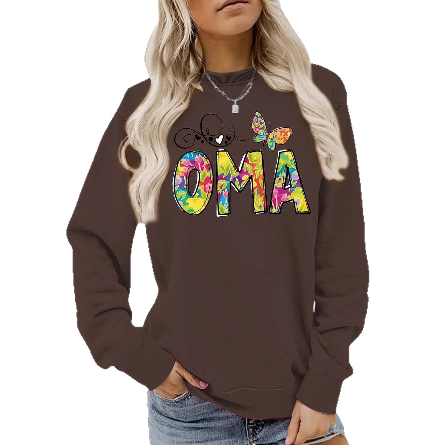 OMA" Butterfly Tie-Dye Print Sweatshirt | Loose Fit Brown Pullover for Grandmas