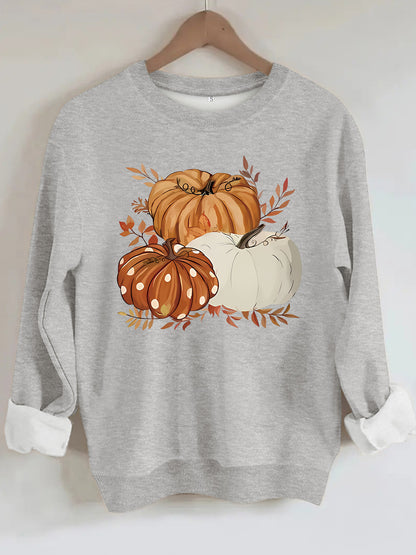 Three Pumpkin Pattern Printed Fall Sweatshirt | Thanksgiving Autumn Graphic Pullover