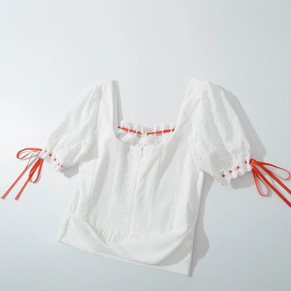 Romantic White Lace Hollow Short Dress - Elegant Bow Design Puff Sleeve Mini Skirt for Women