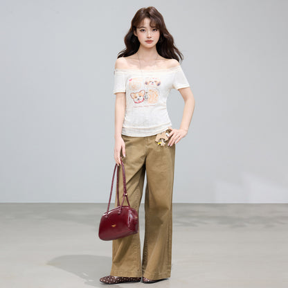 Women's Cute Graphic Print Off-Shoulder Short Sleeve T-Shirt