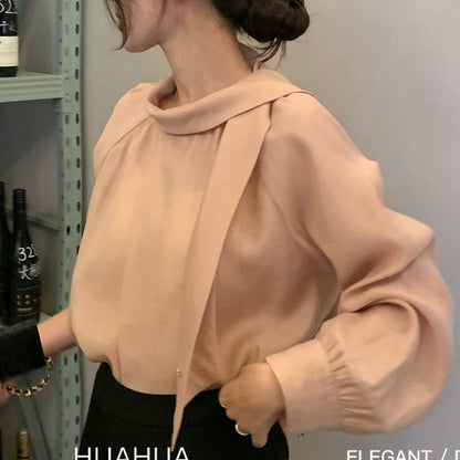 Style One-Shoulder Draped Collar Buttoned Shirt | Elegant Pink Long Sleeve Top for Women
