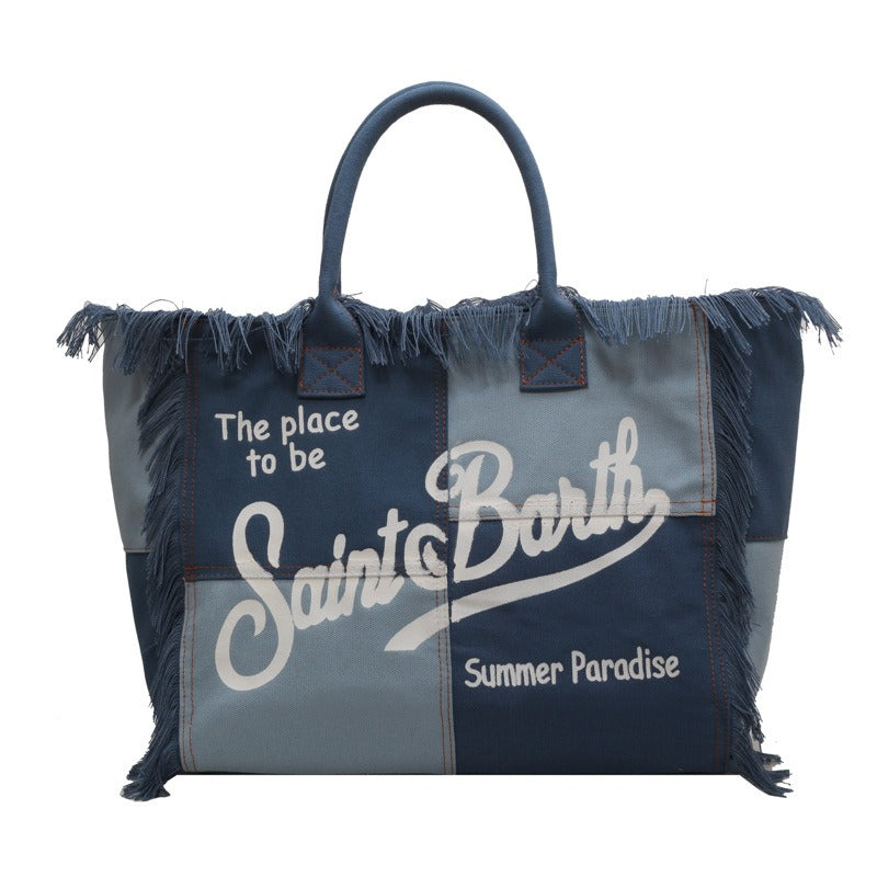 Denim Large Capacity Tote Bag – Canvas Letter Handmade Tassel Handbag