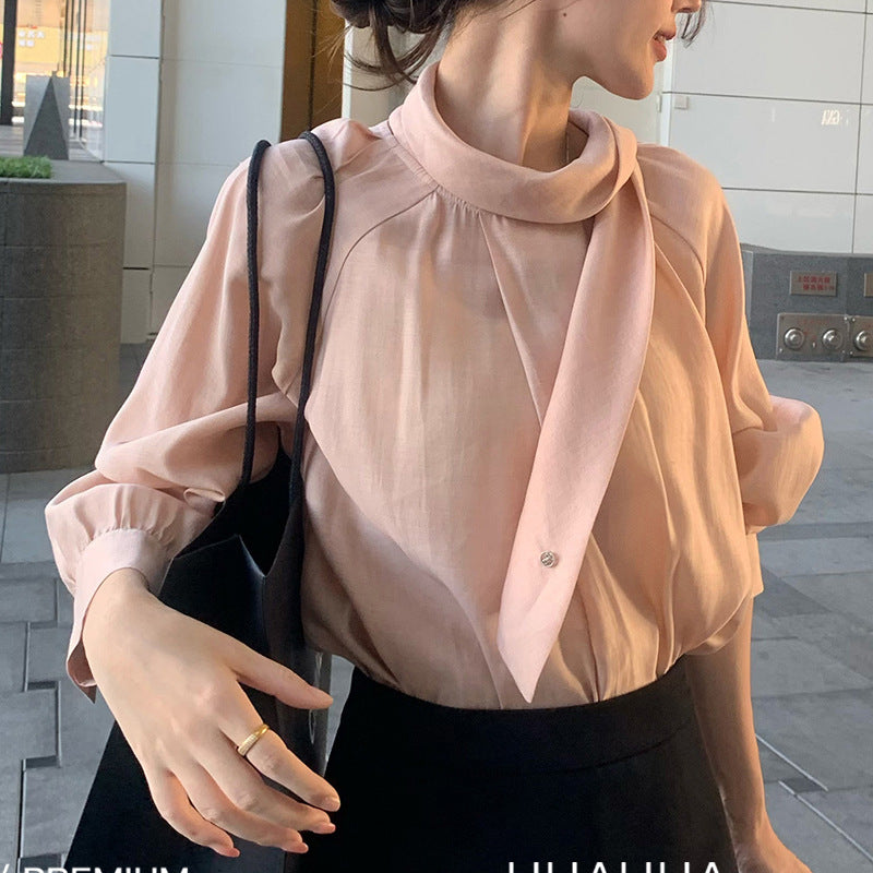 Style One-Shoulder Draped Collar Buttoned Shirt | Elegant Pink Long Sleeve Top for Women