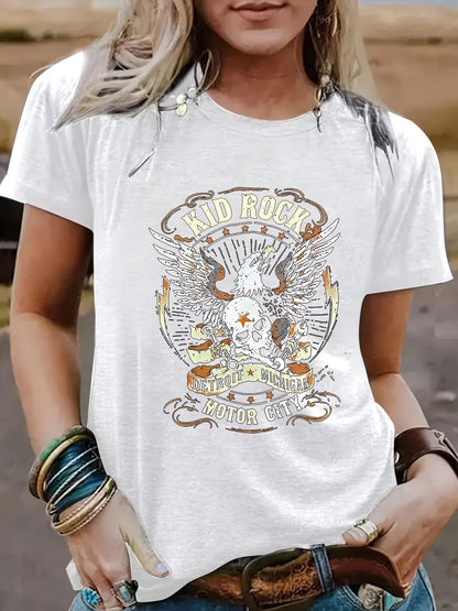 Vintage Eagle Pattern Round Neck Short Sleeved T-Shirt | Graphic Print Top for Men/Women
