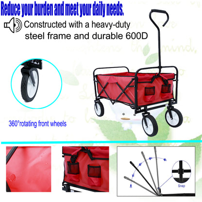 Folding Wagon Garden Shopping Beach Cart – Heavy Duty Red Utility Cart