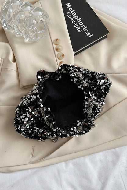 Sparkling Sequin Drawstring Bucket Bag with Chain Strap