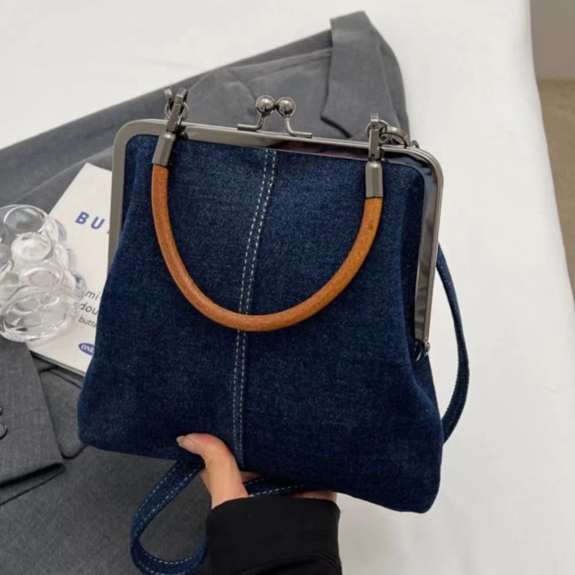Handmade Denim Splicing Handbag with Wooden Handle (Small Crossbody)