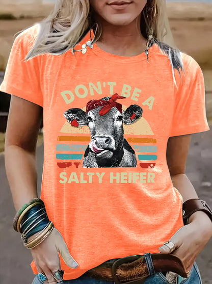 Funny Cow Pattern Printed Round Neck Short Sleeved Shirt | 'Don't Be A Salty Heifer' Graphic Tee