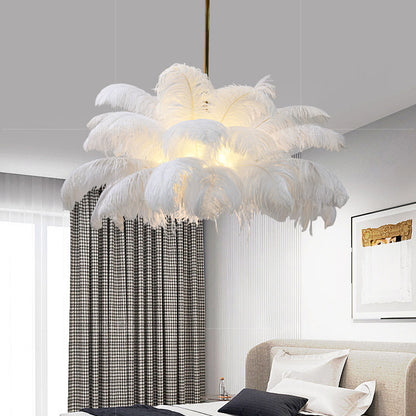 Elegant White Ostrich Feather Chandelier - Luxury Pendant Light for Living Room & Romantic Bedroom Decor