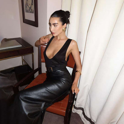 Edgy Low-Cut Sleeveless PU Leather Patchwork Dress - Sexy Bodycon Gown