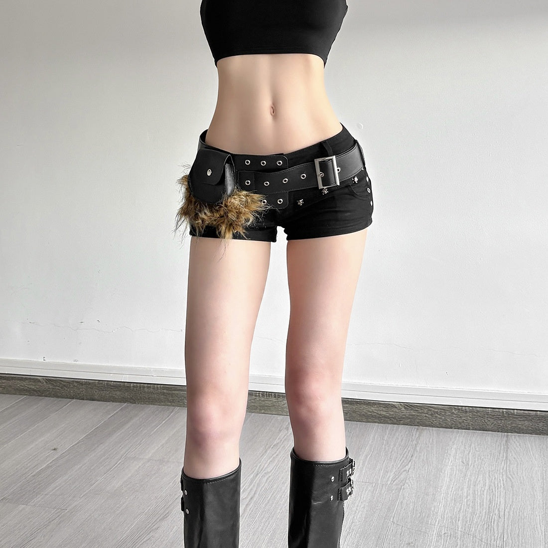 Splicing Faux Fur & PU Leather Utility Belt Bag | Adjustable Metal Buckle Fanny Pack