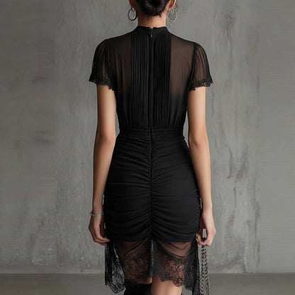 Women's Elegant Black See-Through Lace Patchwork Dress - European Style Mini Dress