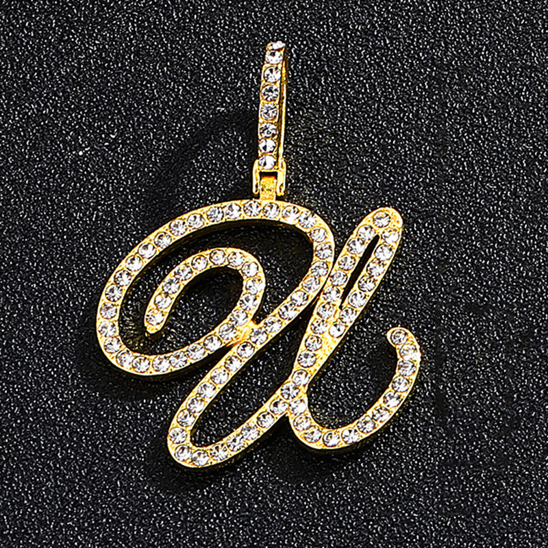 Iced Out Initial Letter Pendant Cuban Chain Necklace