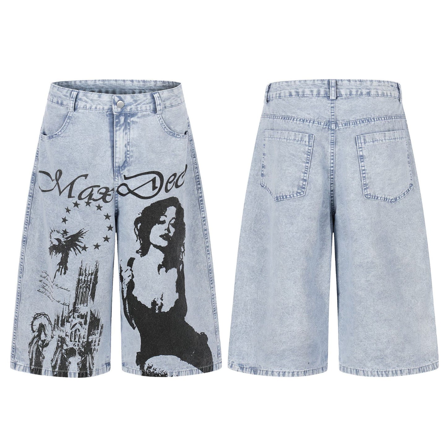 Urban Aesthetic Graphic Print Wide Leg Jeans - High Street Washed Denim Culottes