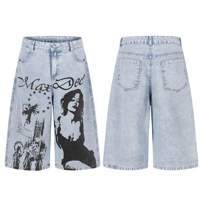 Urban Aesthetic Graphic Print Wide Leg Jeans - High Street Washed Denim Culottes