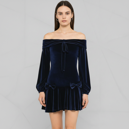 Elegant Velvet Off-Shoulder Mini Dress – Glamorous Lantern Sleeve Party Outfit for Women