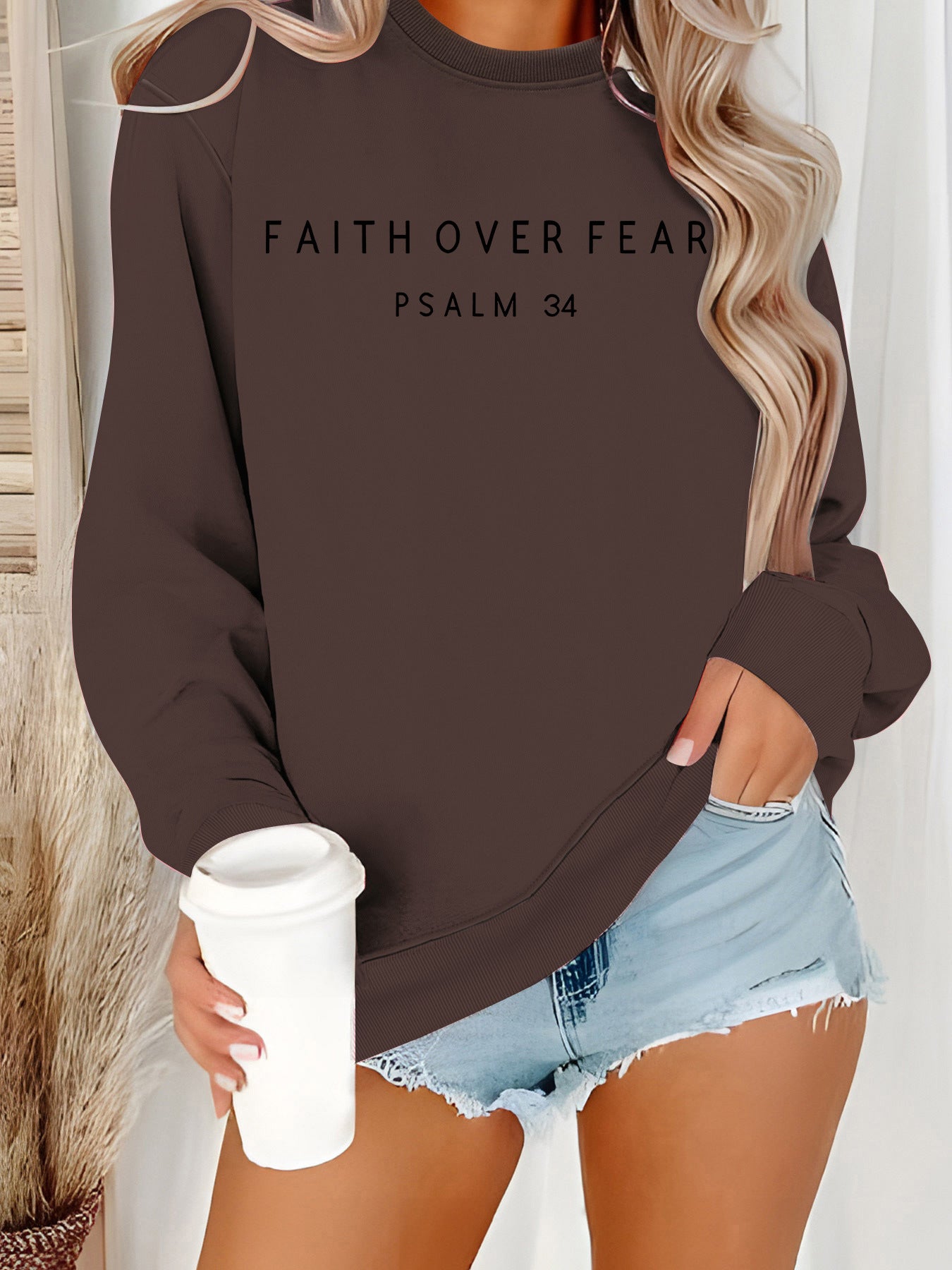Inspirational 'Faith Over Fear' Letter Print Sweatshirt | Loose Fit Casual Pullover Top