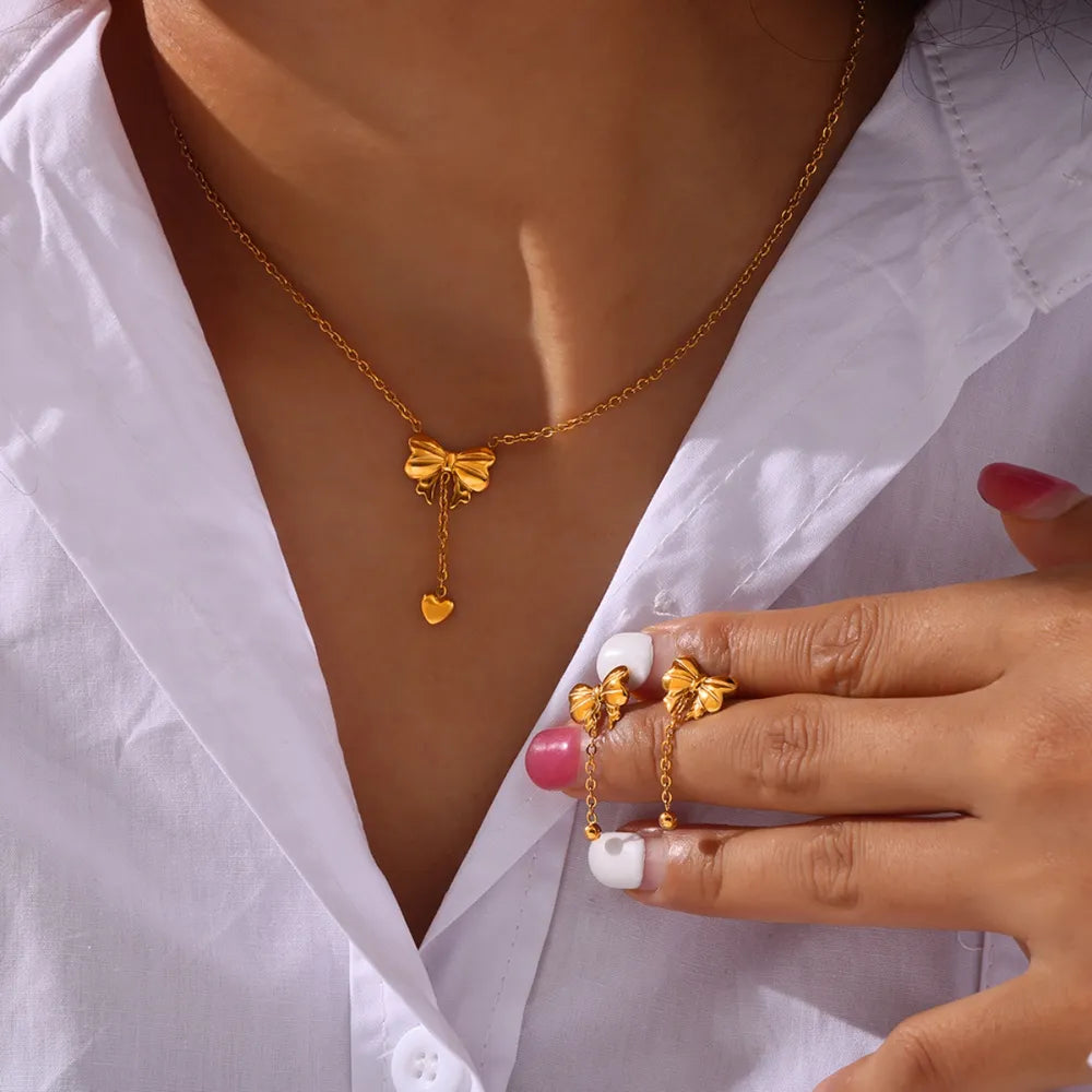 Gold Tone Bow & Heart Drop Lariat Necklace