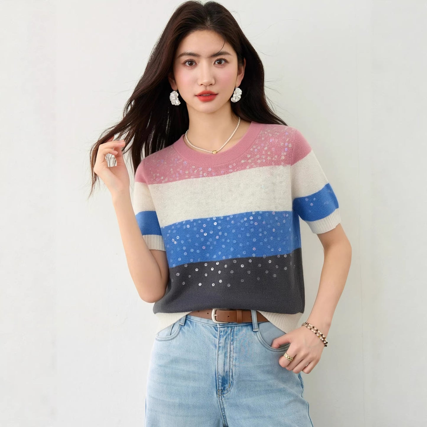Women's Striped Sequin Short Sleeve T-Shirt - Crew Neck Slim Fit Knit Top
