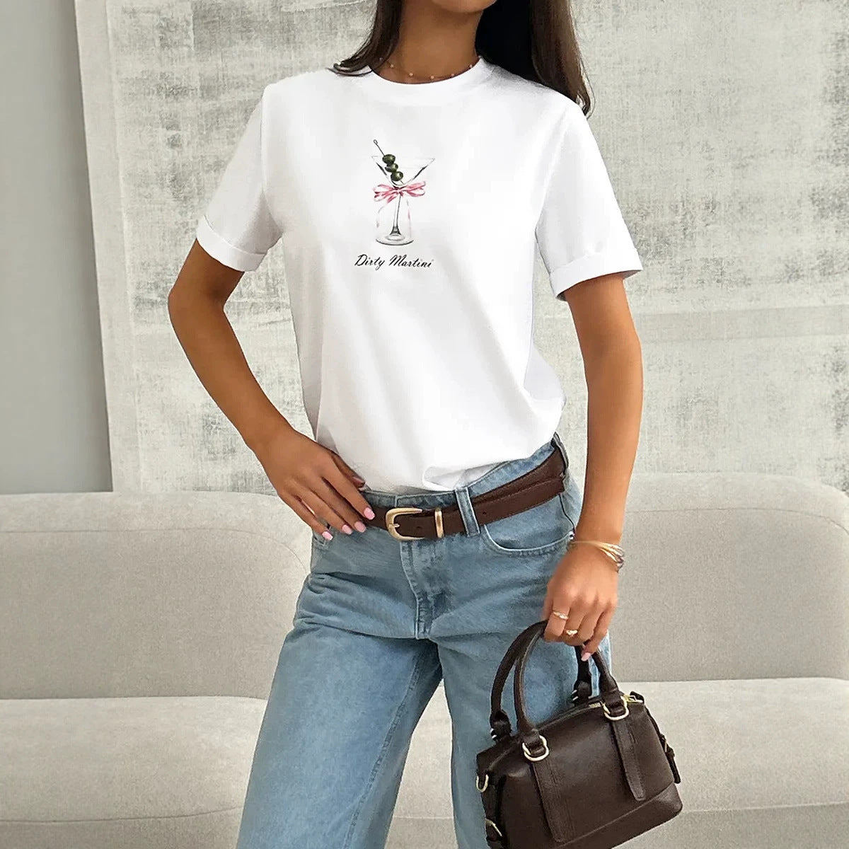 Dirty Martini" Cocktail Graphic Printed Loose Round Neck T-Shirt
