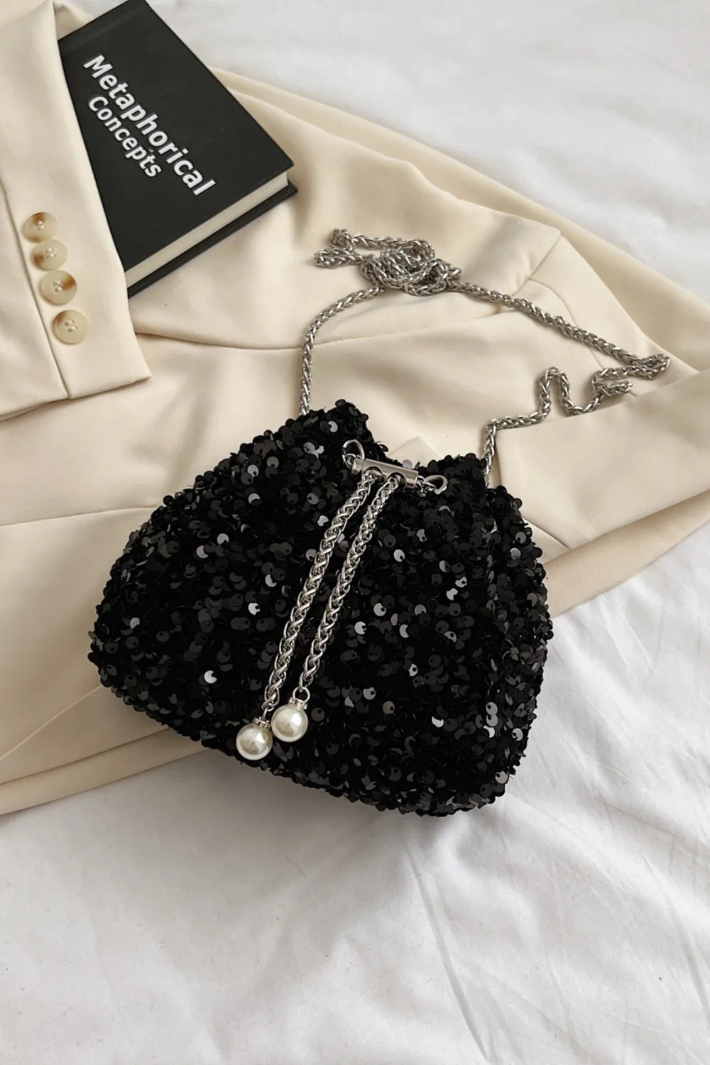 Sparkling Sequin Drawstring Bucket Bag with Chain Strap