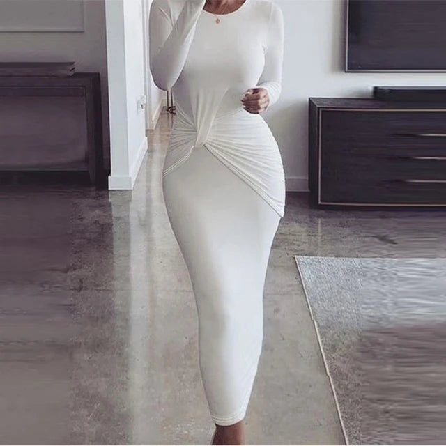 Elegant Knot Detail Bodycon Maxi Dress - Chic Long Sleeve Slim Fit Evening Gown for Women
