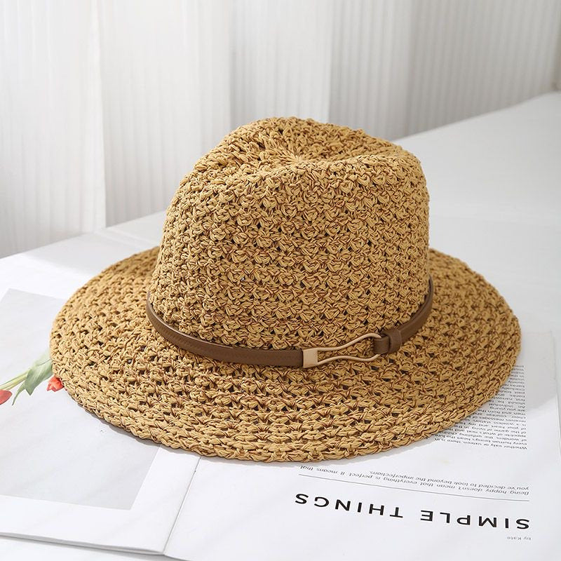 Ladies' Straw Fedora Sun Hat with Leather Band | Wide Brim Summer UV Protection