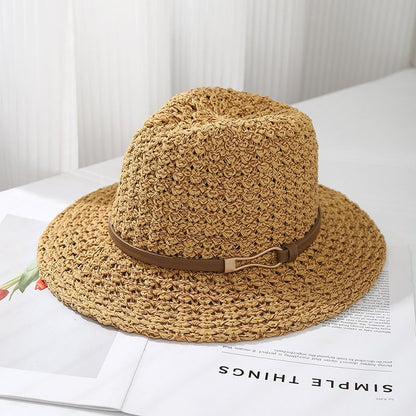 Ladies' Straw Fedora Sun Hat with Leather Band | Wide Brim Summer UV Protection