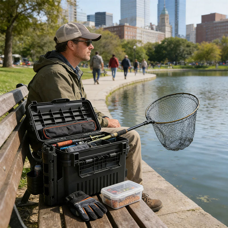 Portable 2-Layer Fishing Tackle Box with Rod & Cup Holder
