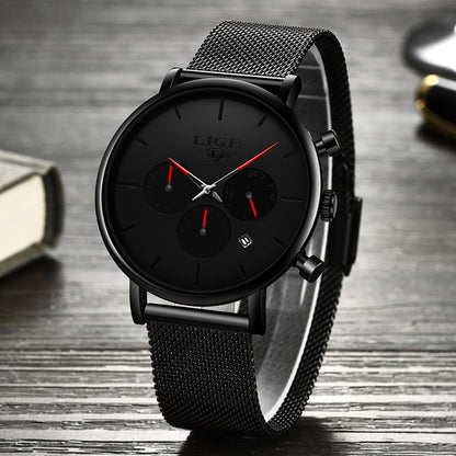 LIGE Men's Ultra-Thin Black Mesh Strap Multi-Function Quartz Watch
