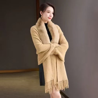 Autumn Winter Women's Faux Fur Collar Knitted Cape Cardigan | Solid Color Poncho