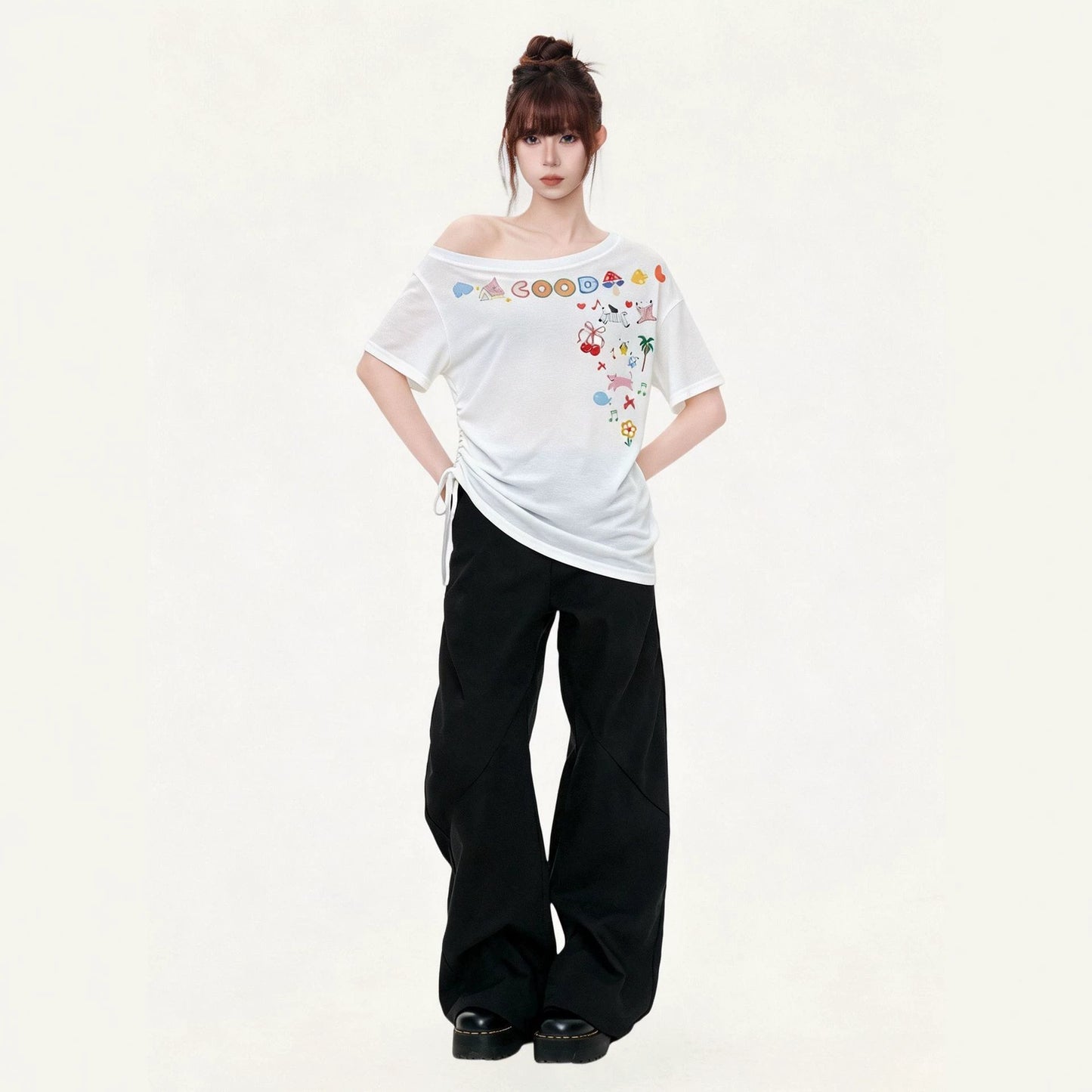 Women's Cute Cartoon Print Ruched Side Drawstring T-Shirt