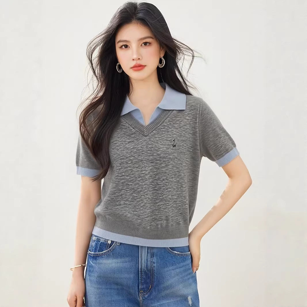 White Polo Neck False Two-Piece Short Sleeve Knit Top for Women