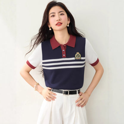 Youthful Preppy Style Striped T-Shirt - Versatile Summer Polo Top for Women
