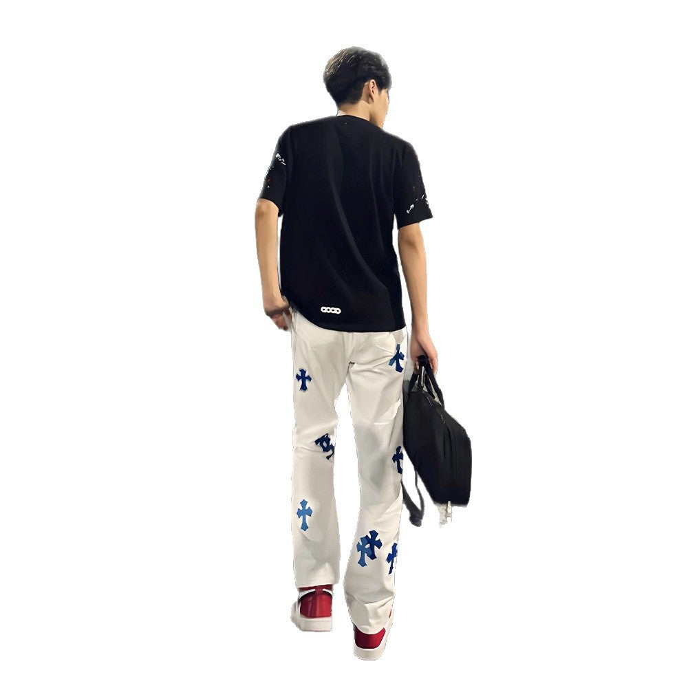 Men's Urban Street-Style White Flared Jeans | Graphic Print Slim Fit Denim