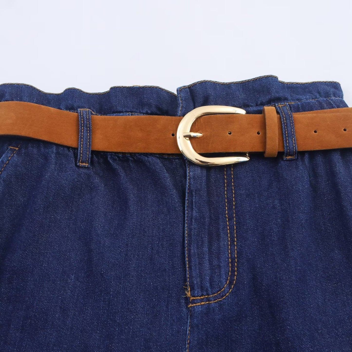 High-Waist Blue Denim Shorts | Chic Summer Paperbag Design with Belt