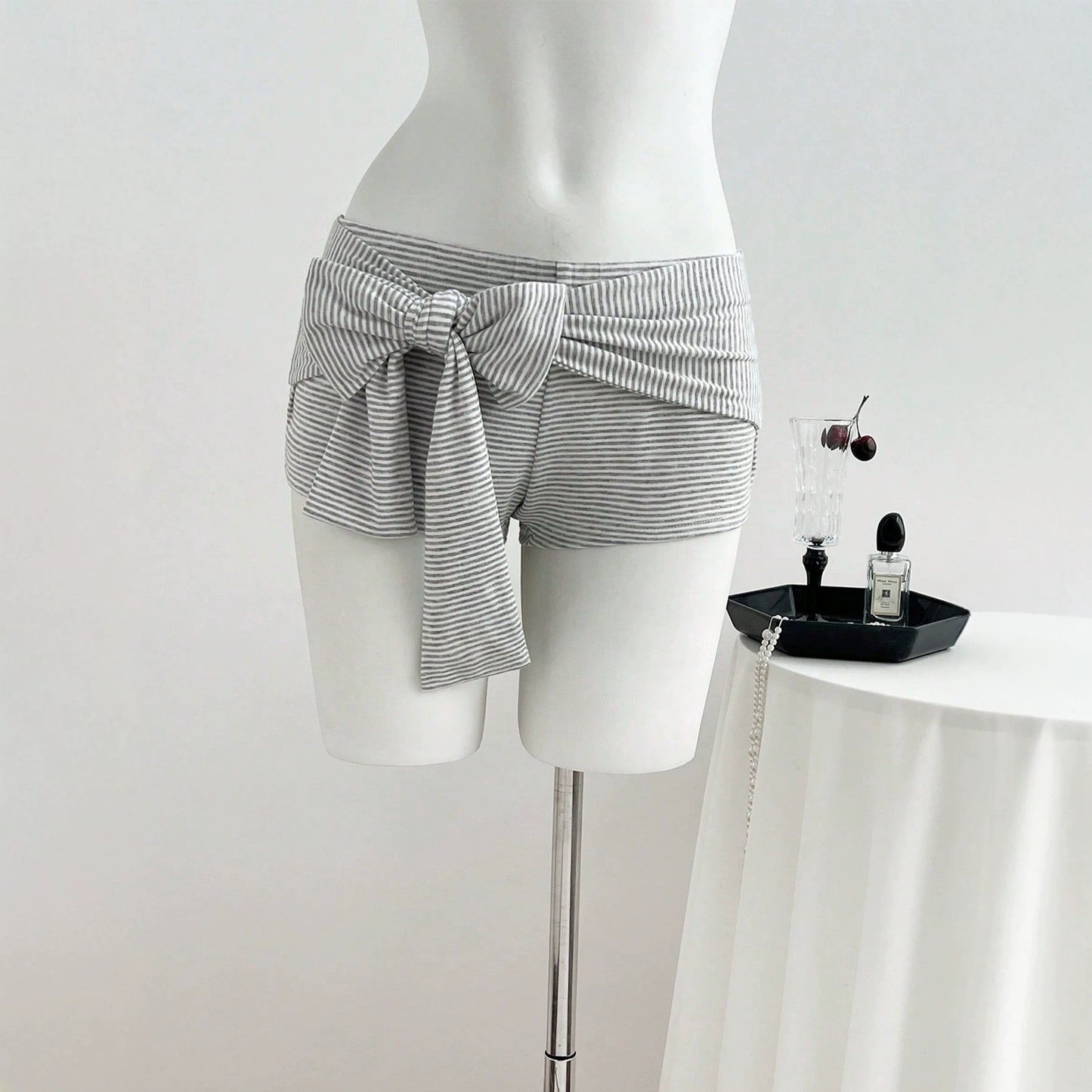 Trendy Low-Waisted Striped Shorts with Big Front Bow