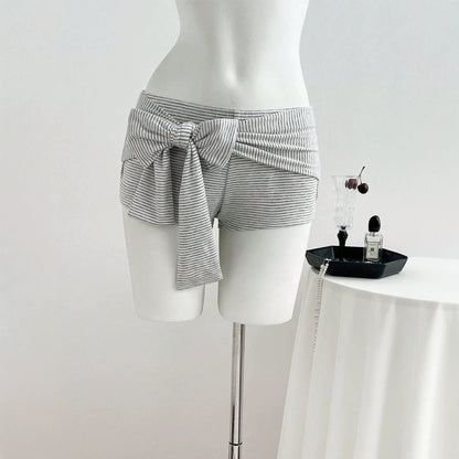 Trendy Low-Waisted Striped Shorts with Big Front Bow