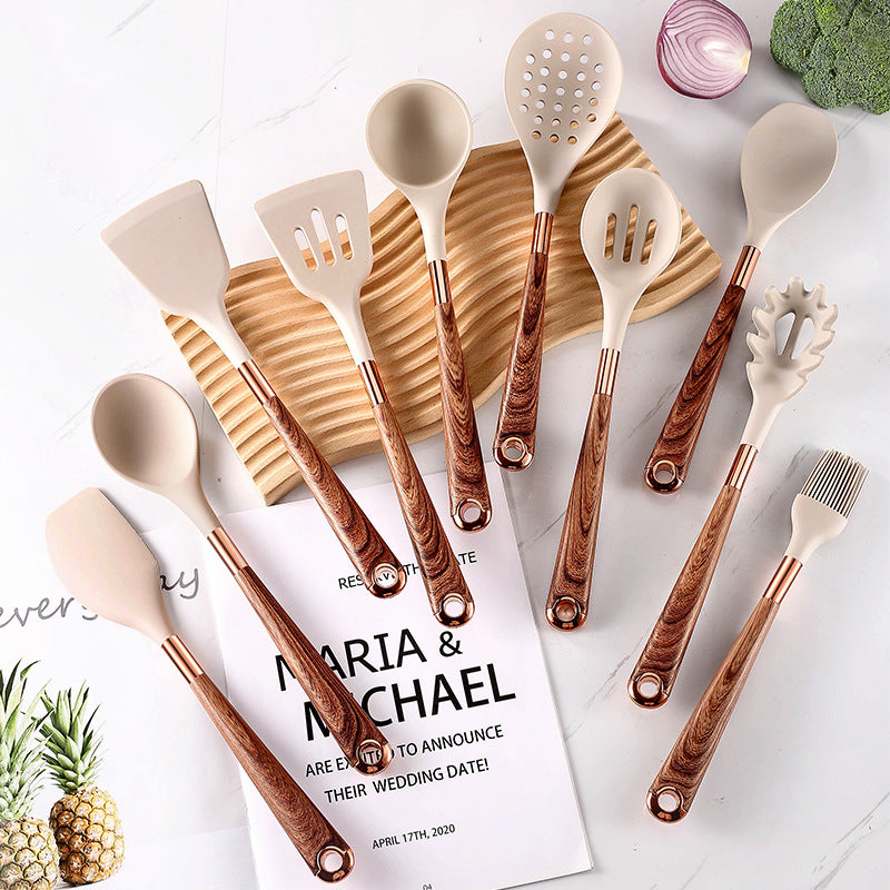10-Piece Premium Silicone Kitchen Utensil Set - Heat Resistant Cooking Tools with Ergonomic Wooden Handles