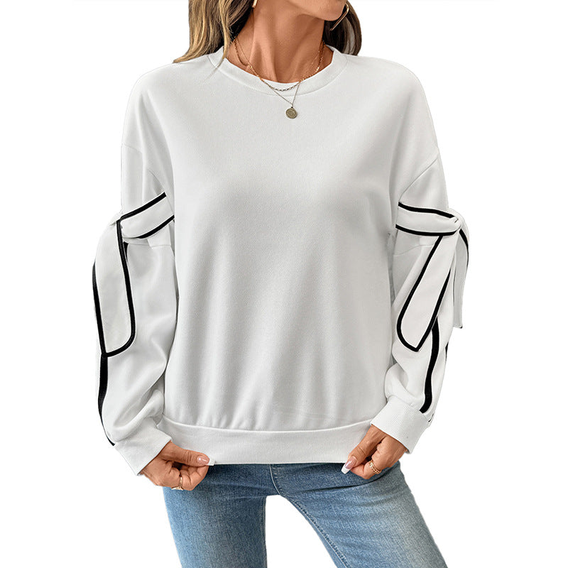 Bow Tie Sleeve Contrasting White Sweatshirt | Round Neck Long Sleeve Pullover for Women