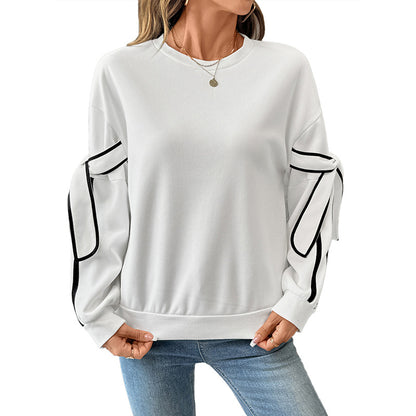 Bow Tie Sleeve Contrasting White Sweatshirt | Round Neck Long Sleeve Pullover for Women