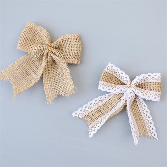 Vintage Natural Jute Burlap Lace Ribbon Bows / DIY Decoration Bowknot for Wedding Party & Gift Box Packaging