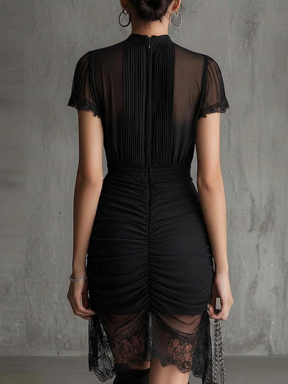 Women's Elegant Black See-Through Lace Patchwork Dress - European Style Mini Dress