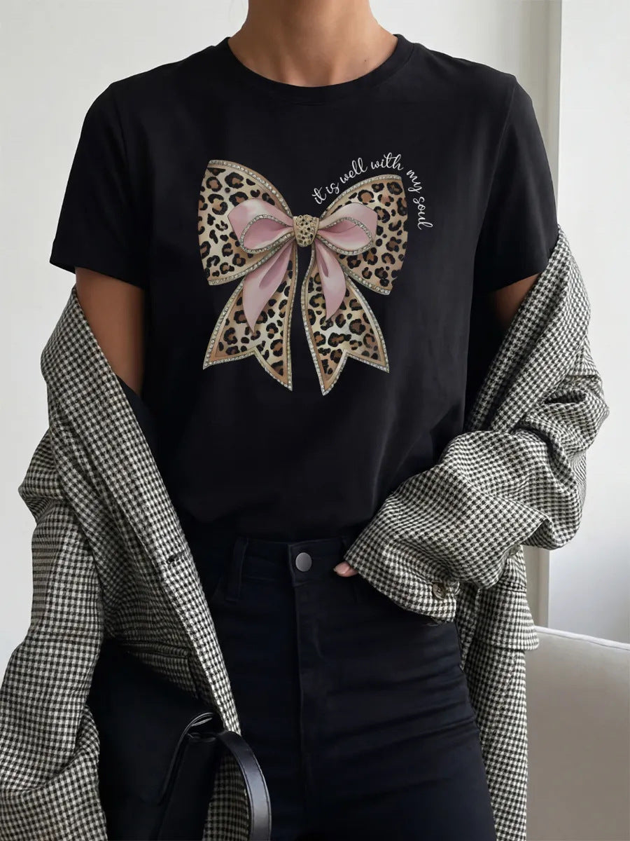 Women's "It Is Well With My Soul" Leopard Bow Short Sleeved Tee